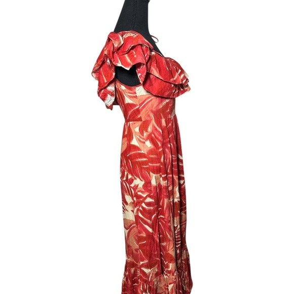 Zara Red Marble Maxi Dress Off Shoulder Tiered Ruffles Lightweight‎ Size M - Picture 2 of 7